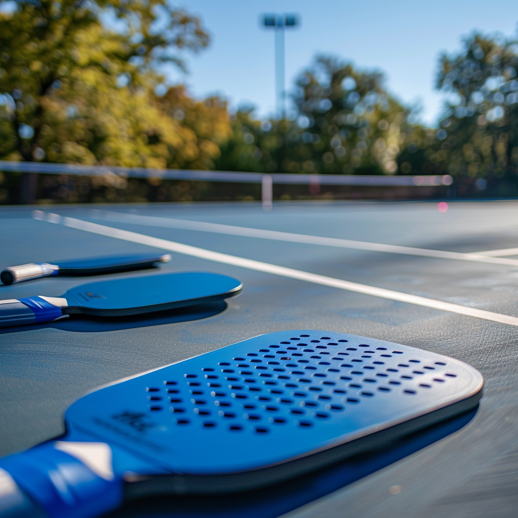 pickleball paddles laying on a court