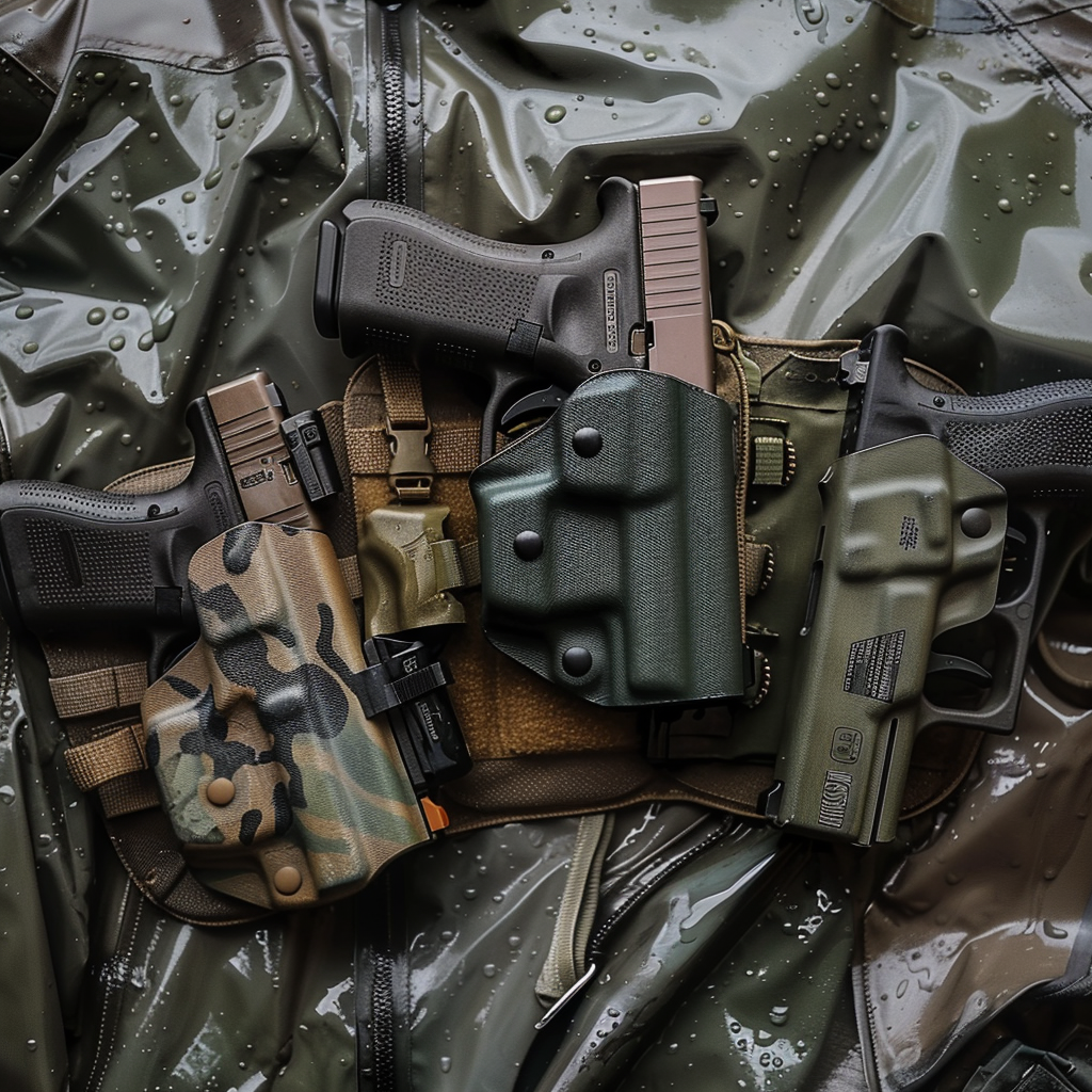 3 handgun holsters laying on an army poncho